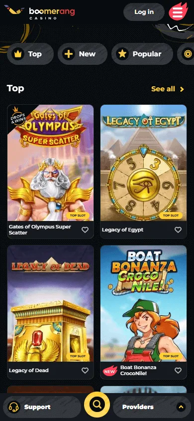 Boomerang Casino mobile games area with casino titles