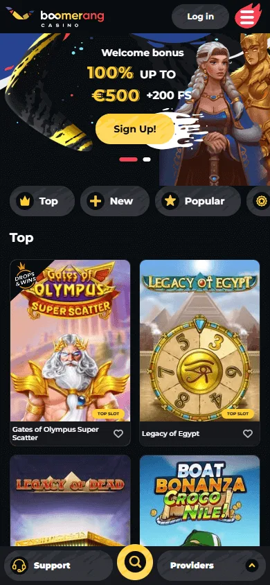 Boomerang Casino mobile home screen with casino features