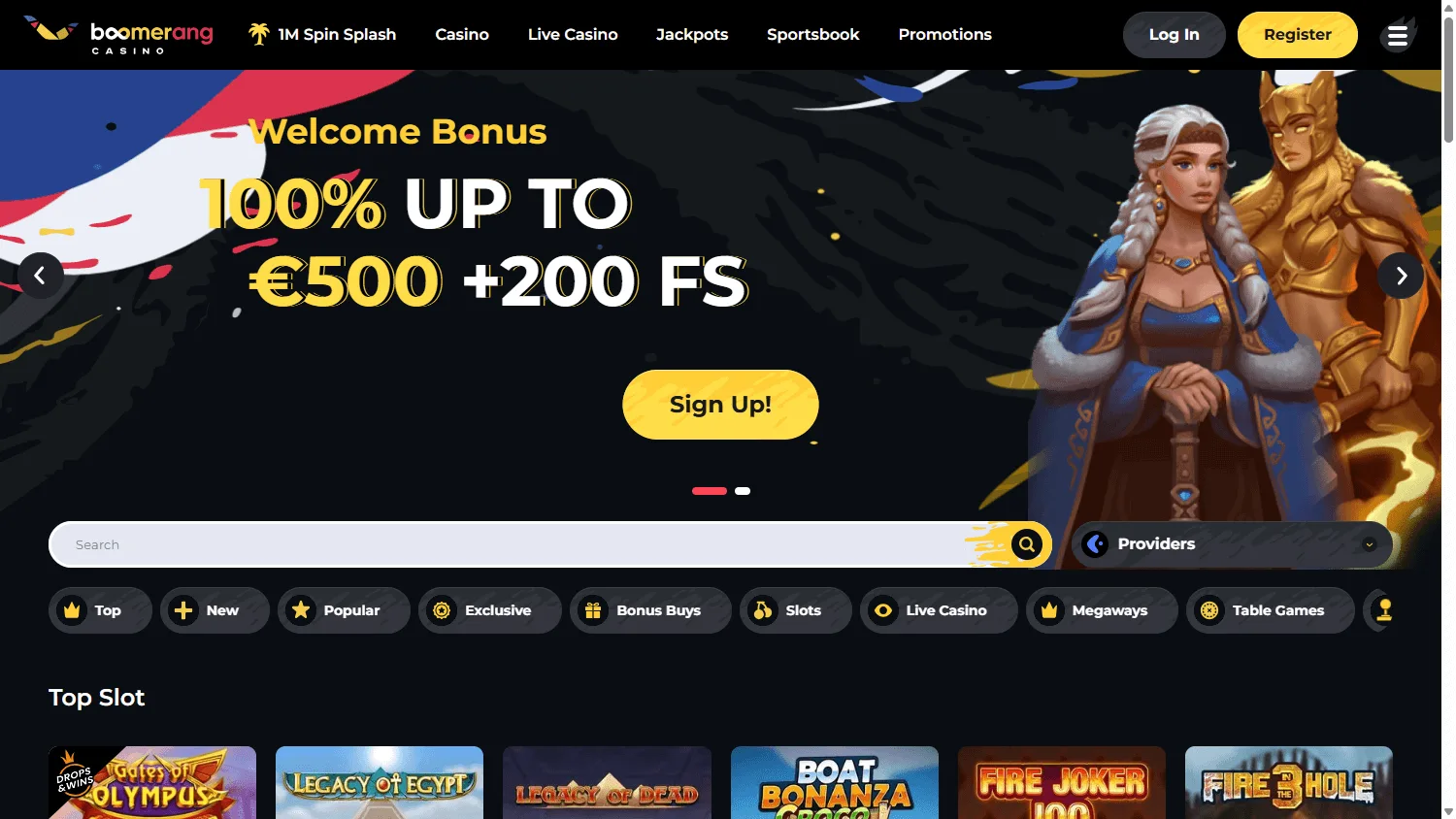 Boomerang Casino desktop home screen with casino games and account features
