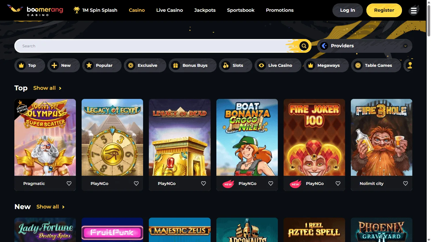 Boomerang Casino desktop games area with pokies and casino titles