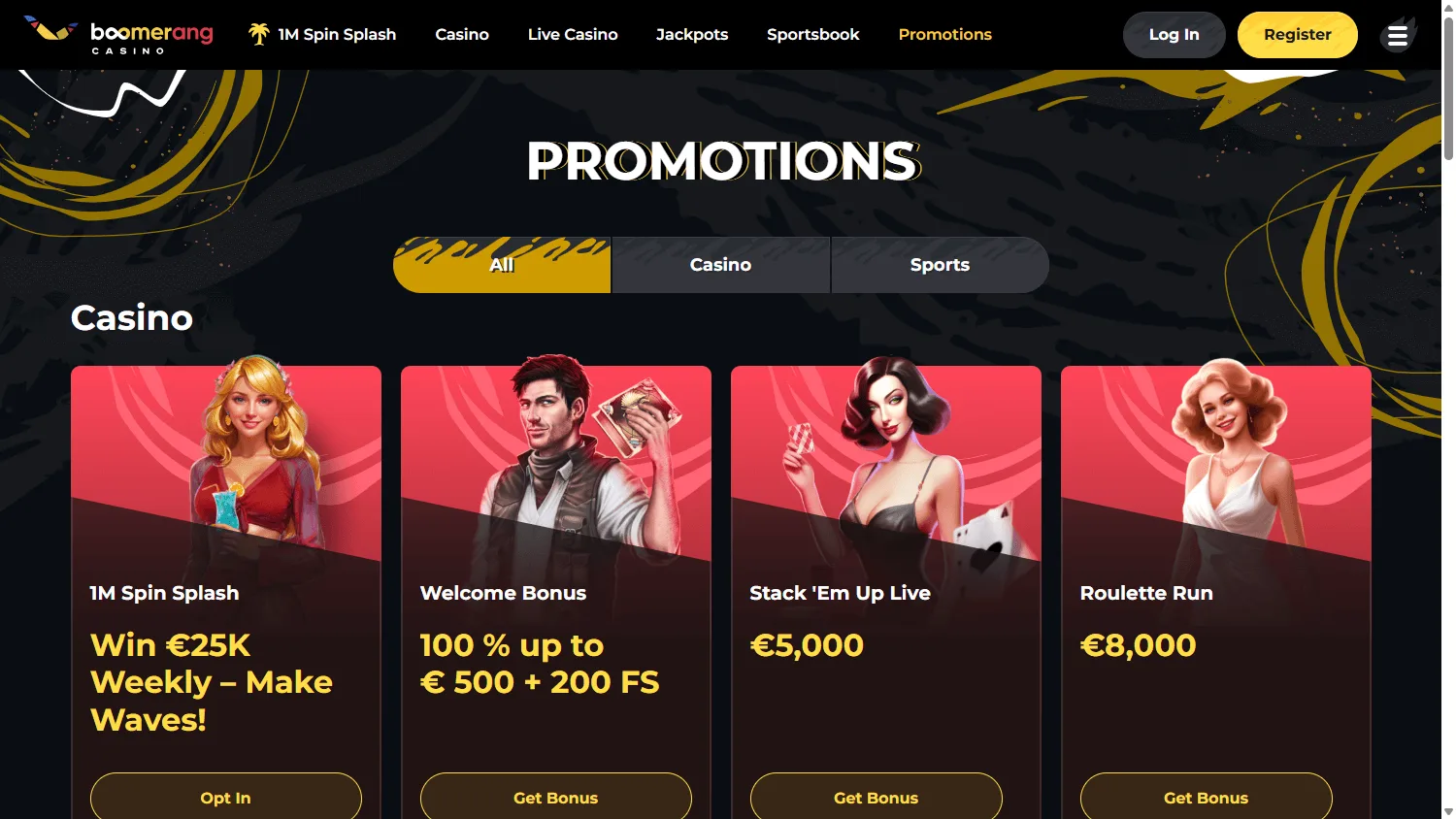 Boomerang Casino desktop promotions area with the welcome offer